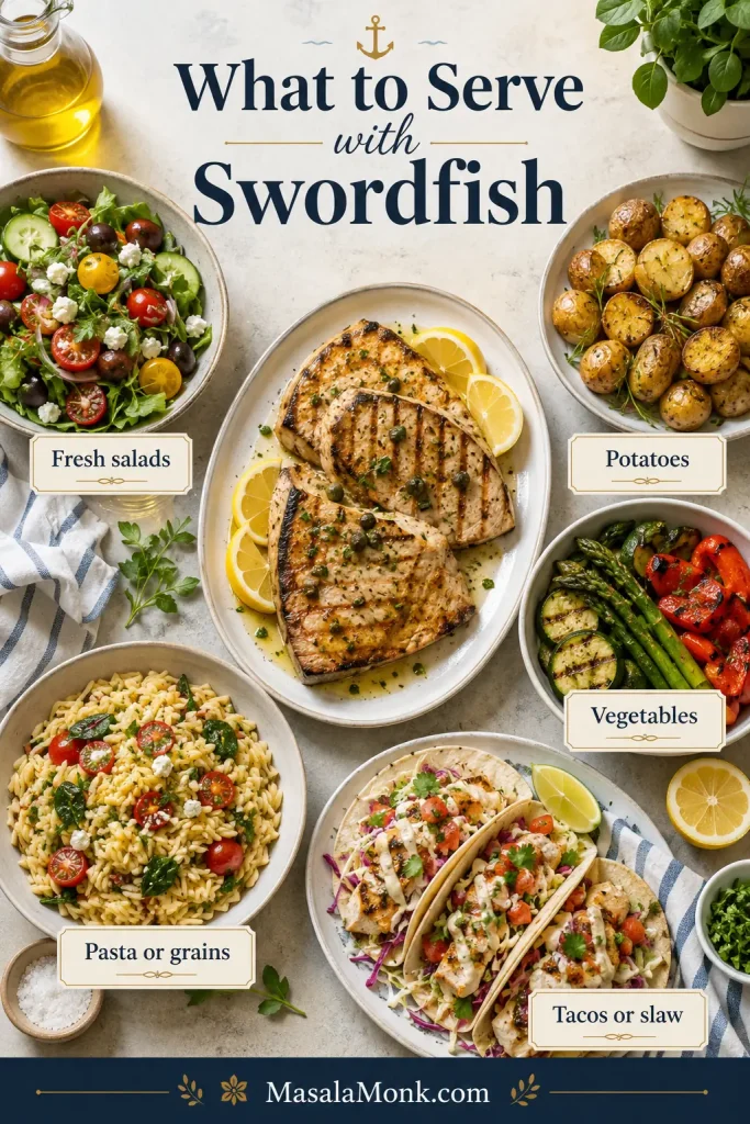 Overhead meal board showing swordfish with fresh salad, roasted potatoes, vegetables, pasta or grains, and tacos or slaw.