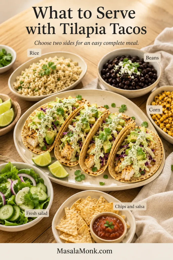 Family-style spread of four tilapia tacos with seasoned rice, black beans, charred corn, cucumber salad, tortilla chips, salsa and lime wedges.