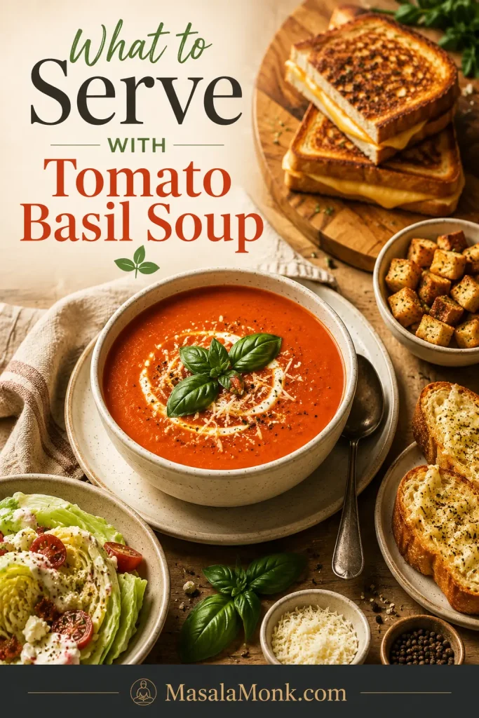 Tomato basil soup served with grilled cheese, garlic bread, croutons, salad, parmesan, basil, and black pepper.
