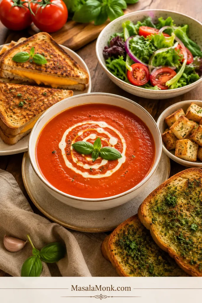 Tomato soup served with grilled cheese, toast, croutons, and a fresh salad on a table.