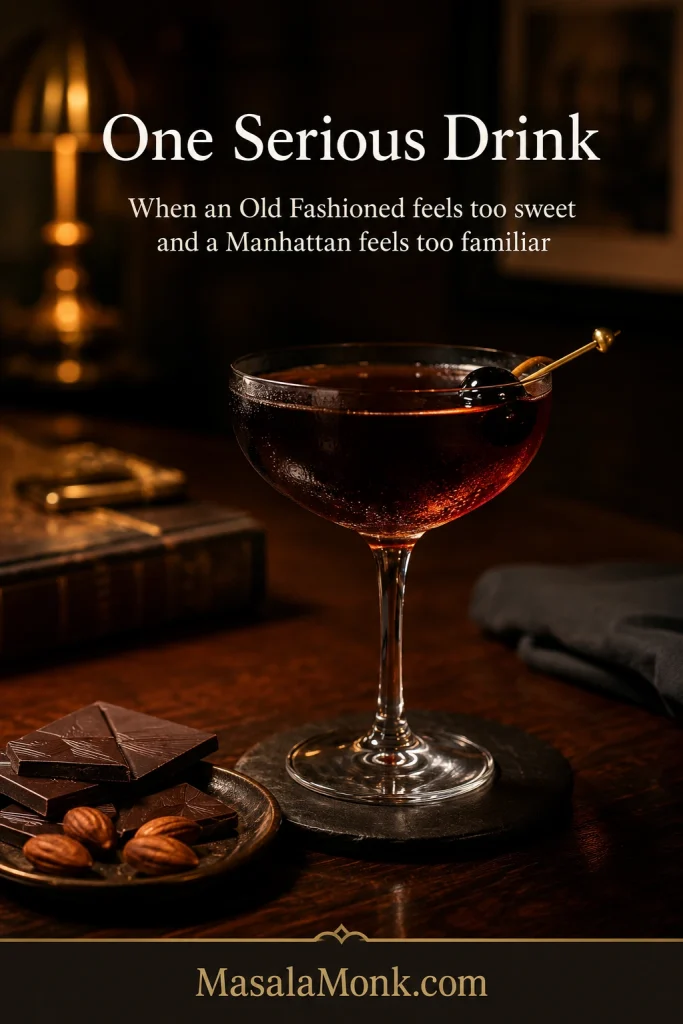 A Black Manhattan cocktail served in a dim after-dinner setting with dark chocolate, nuts, and small snacks nearby.