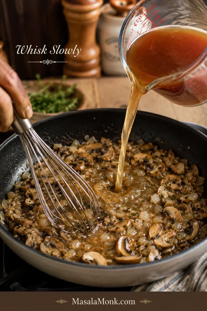 Beef broth being poured into a skillet while mushroom onion gravy is whisked.