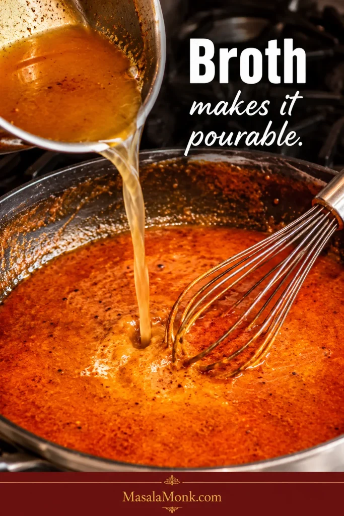 Broth being whisked into Cajun garlic butter seafood boil sauce.