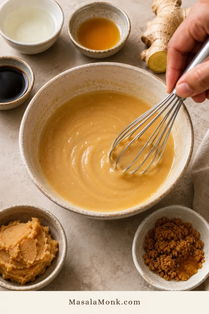 White miso marinade being whisked in a bowl with ginger, soy sauce, sake, mirin, and sweetener nearby.