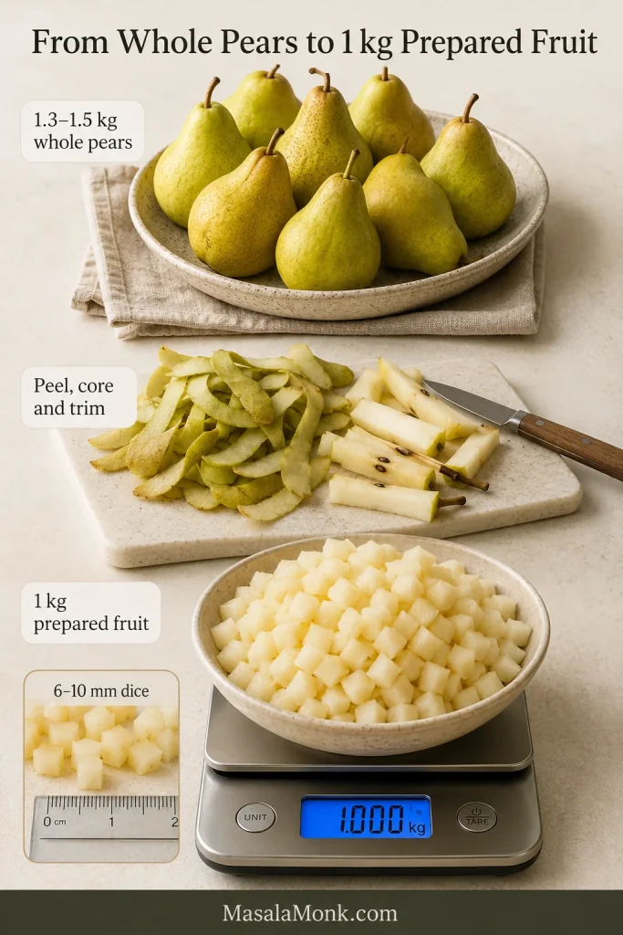 Whole pears, peeled halves, removed cores and evenly diced pear pieces arranged in preparation stages.
