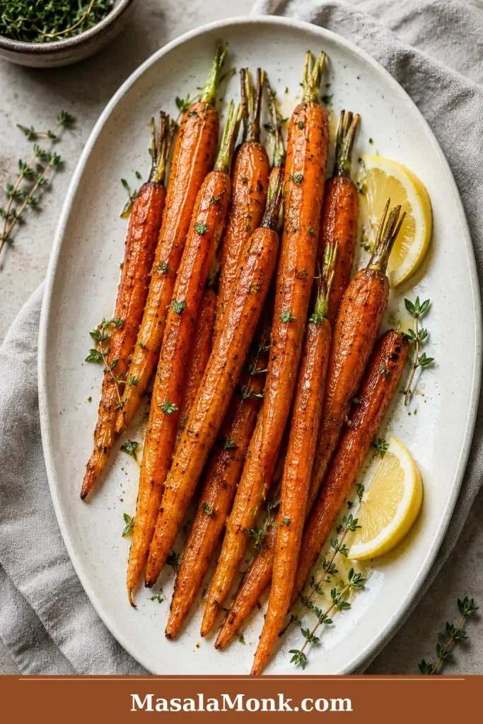 Whole slim roasted carrots arranged on an oval platter with herbs, lemon wedges, and browned edges.