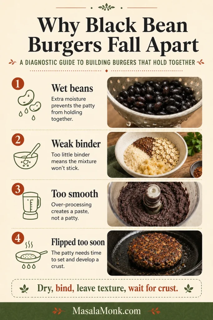 Vertical diagnostic guide listing four reasons black bean burgers fall apart: wet beans, weak binder, too smooth, and flipped too soon.