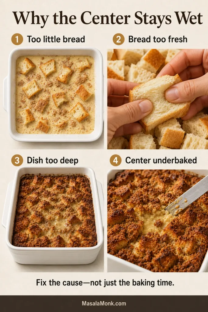 Four-panel guide showing too little bread, overly soft fresh bread, a deep casserole dish and a golden but underbaked center.