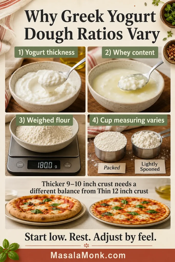 Infographic explaining how yogurt thickness, flour and humidity affect Greek yogurt pizza dough ratios.