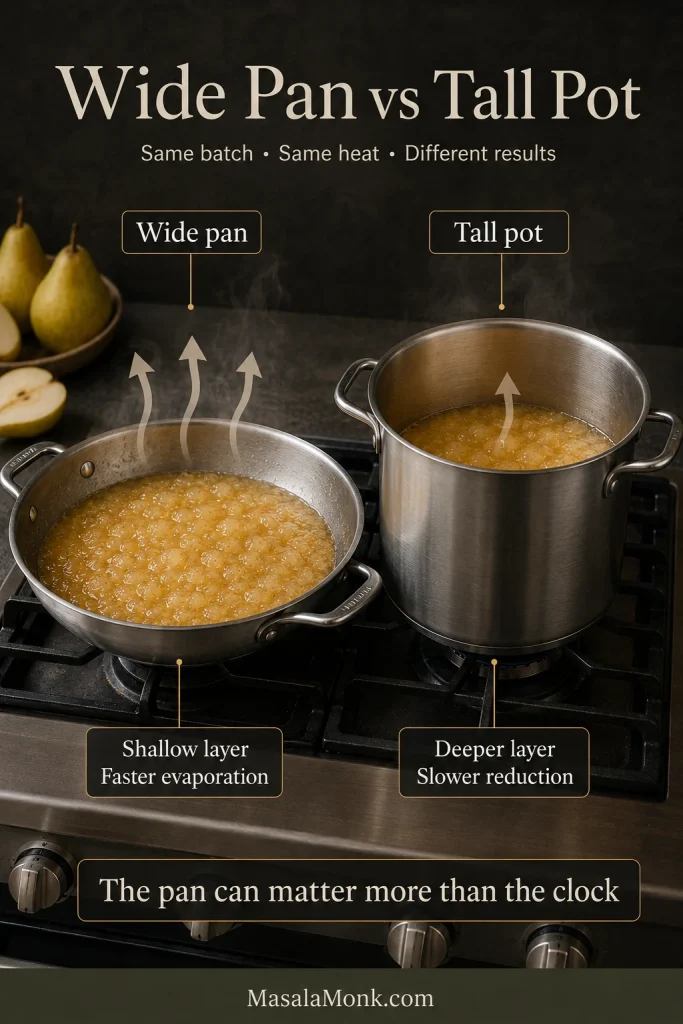 Equal pear mixtures cook in a wide shallow pan and a tall narrow pot, with arrows comparing evaporation.