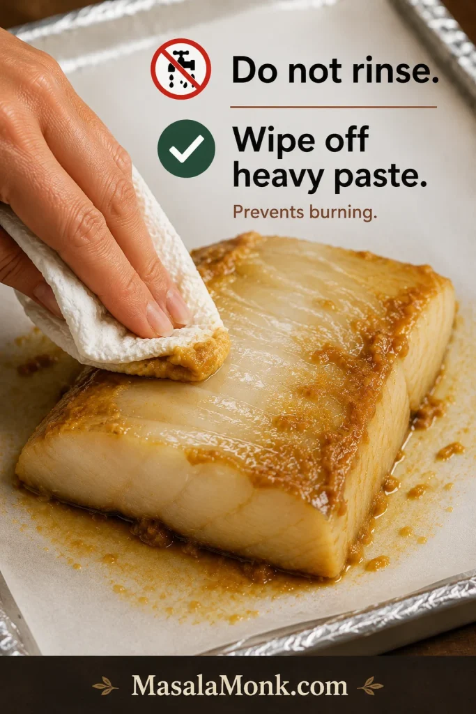 A hand wiping excess miso marinade from the flesh side of a black cod fillet before cooking.
