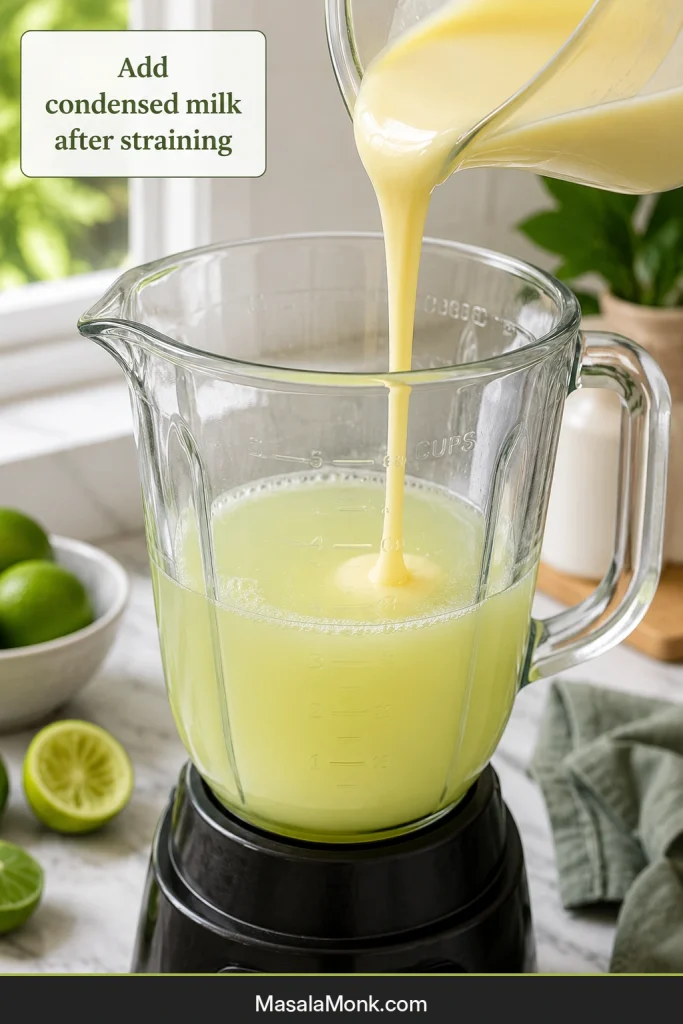 Thick sweetened condensed milk being poured into strained lime liquid inside a clear blender jar.