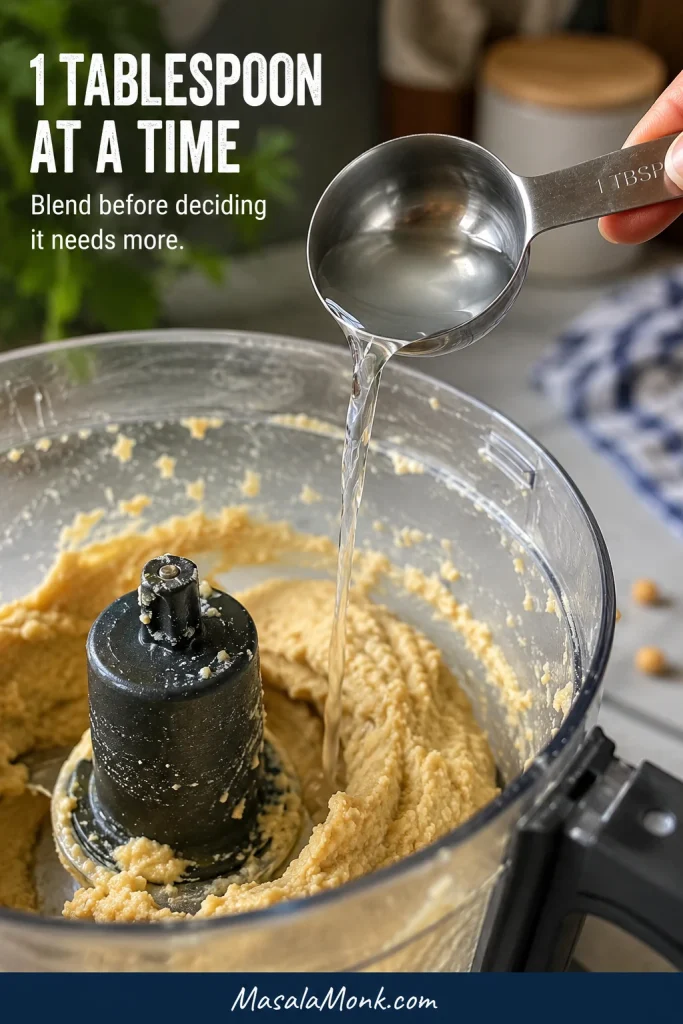 One tablespoon of aquafaba or water being added to partially blended hummus in a food processor.