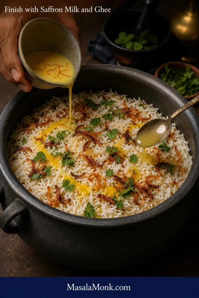 Saffron milk and ghee drizzled lightly across pale basmati with fried onions and herbs in a graphite biryani pot.