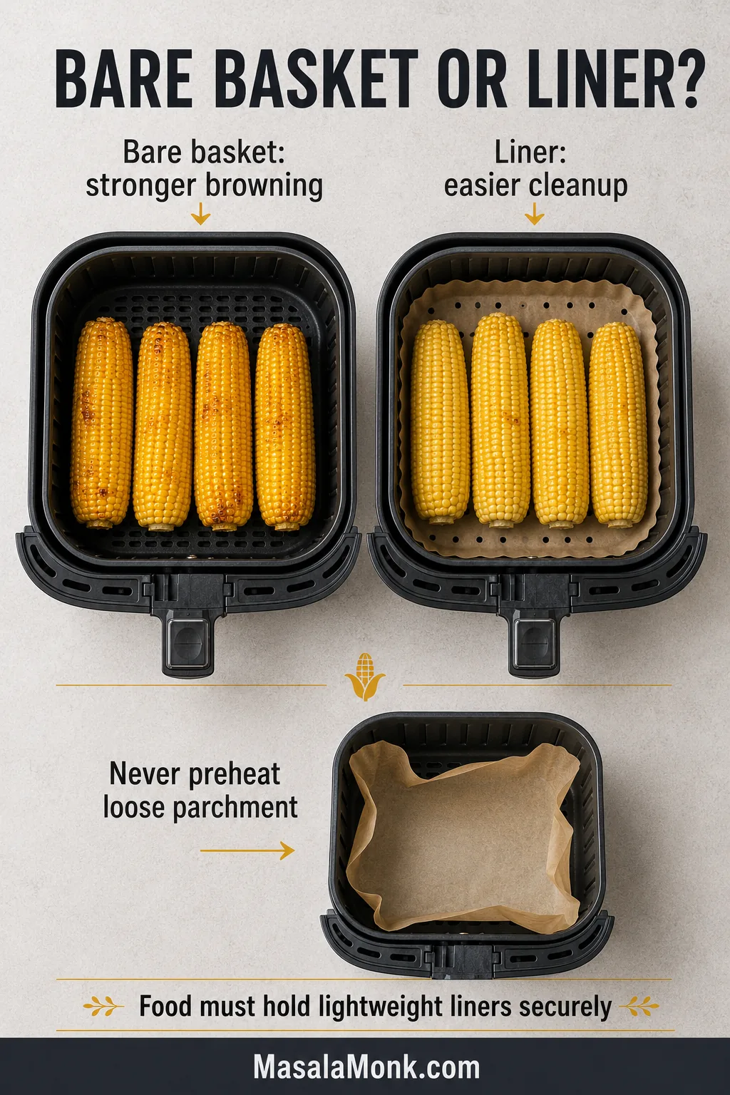 Corn compared in a bare perforated air-fryer basket and on a fitted liner, with loose parchment in an empty basket marked unsafe.