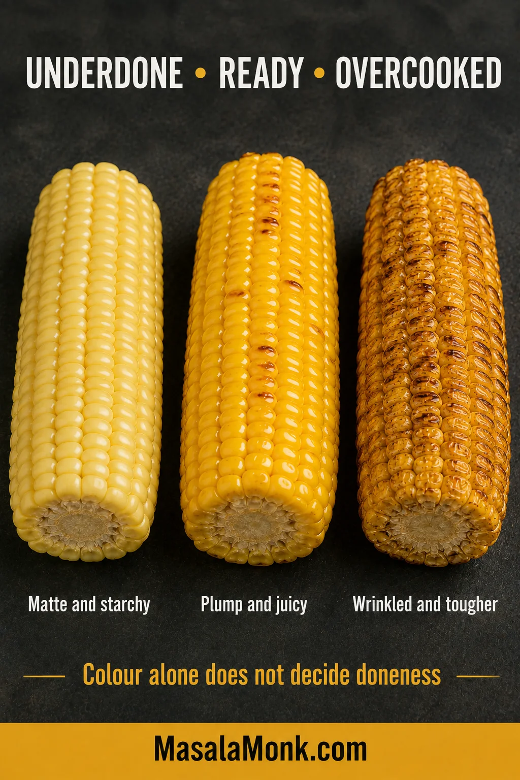 Three corn ears showing matte undercooked kernels, plump glossy ready kernels and tightened, wrinkled overcooked kernels.