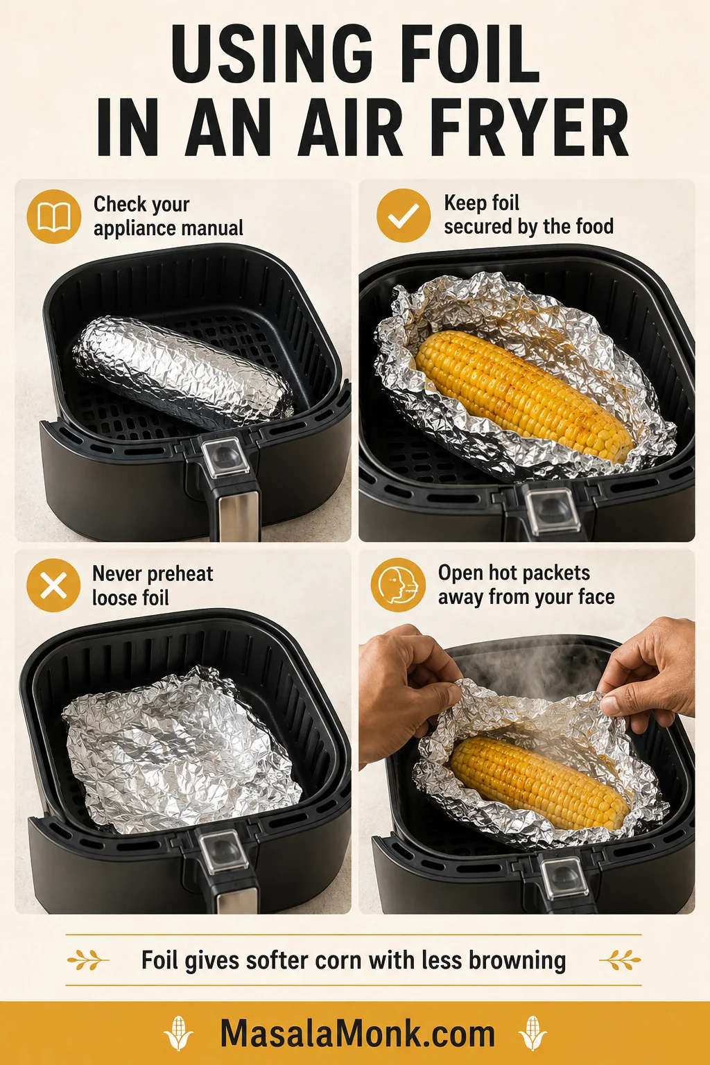 Corn secured in foil inside an air fryer, loose foil marked unsafe and a hot packet being opened away from the body.
