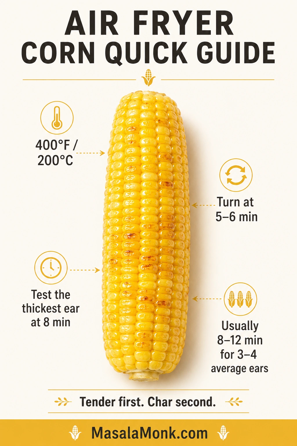 Air-fryer corn timing guide showing 400°F or 200°C, turning at 5–6 minutes and testing the thickest ear at 8 minutes.