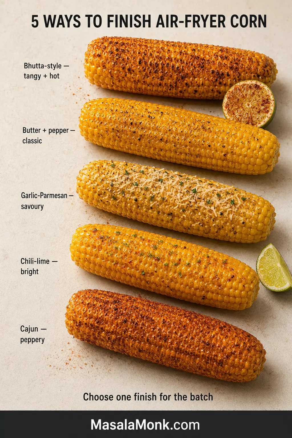 Five labelled corn finishes: bhutta-style, butter and pepper, garlic-Parmesan, chili-lime and Cajun.