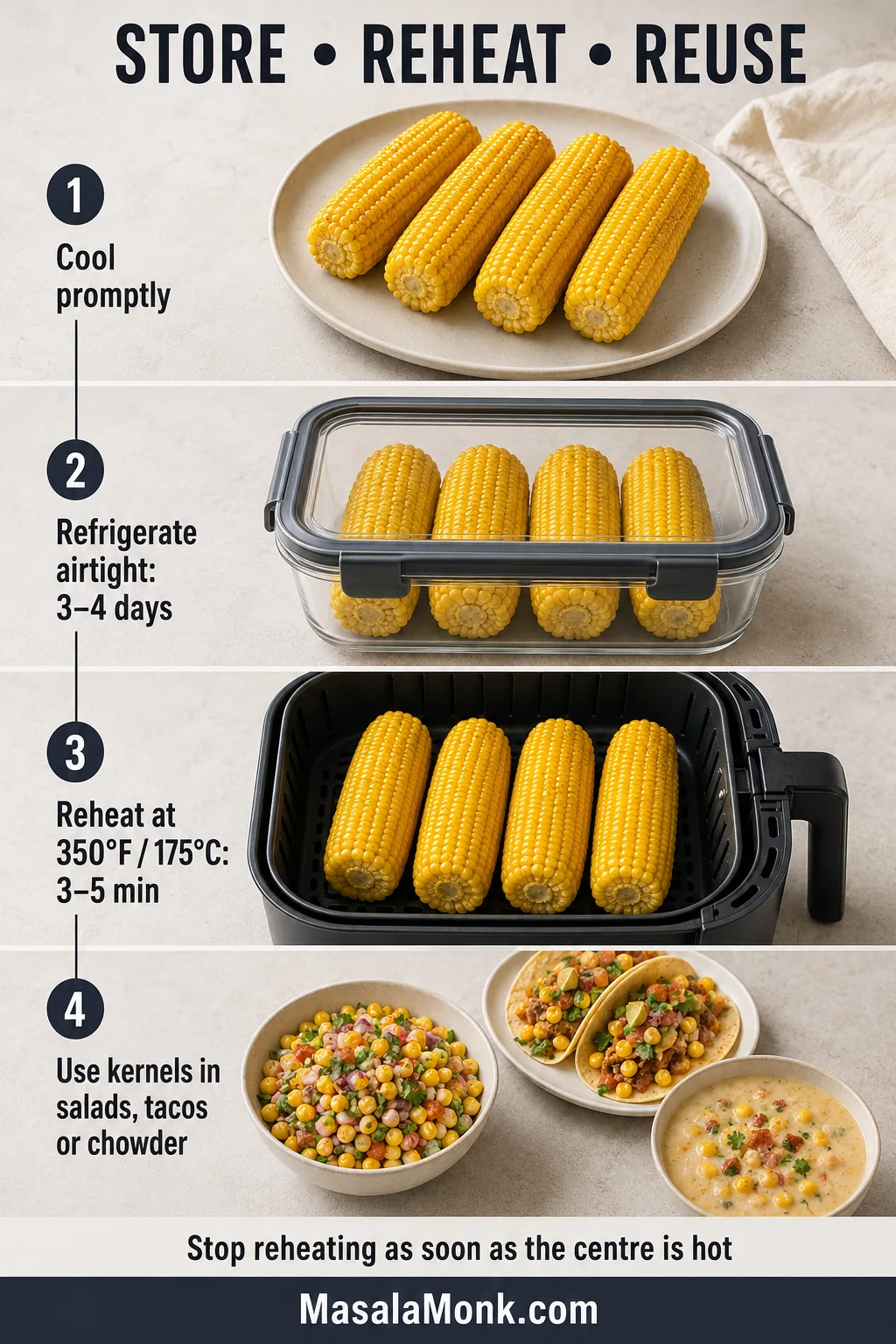Cooked corn cooling, stored in a sealed glass container, reheated in an air fryer and reused in salad, tacos and chowder.