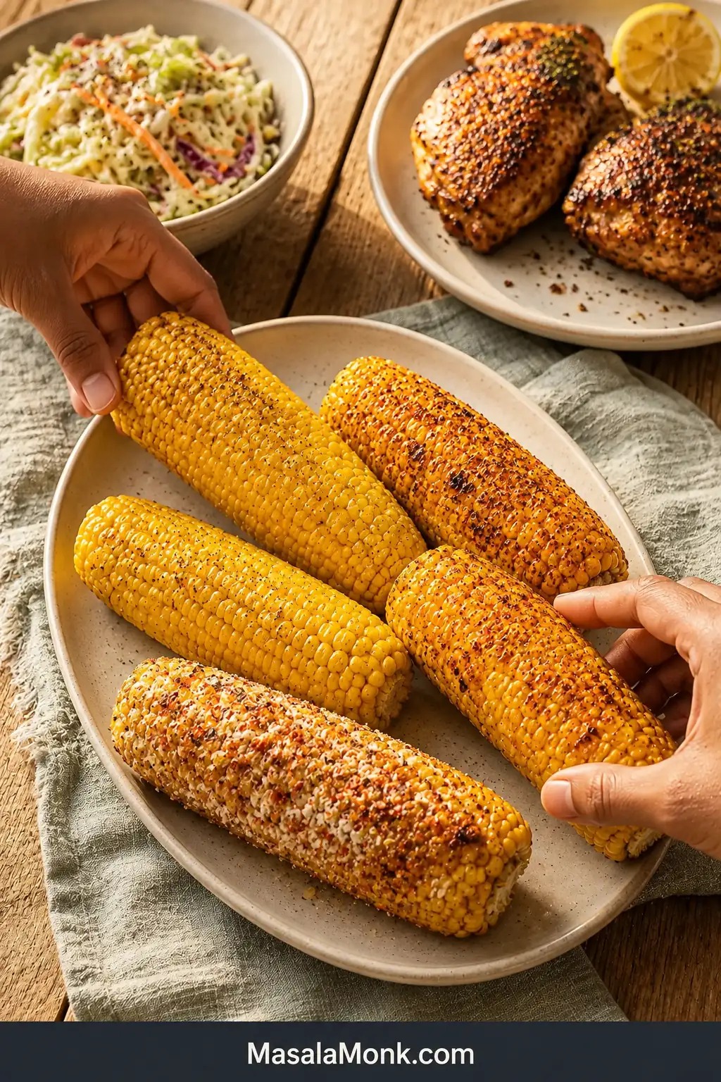 A summer dinner table with differently seasoned air-fryer corn, coleslaw, roasted chicken and two hands reaching toward the corn platter.