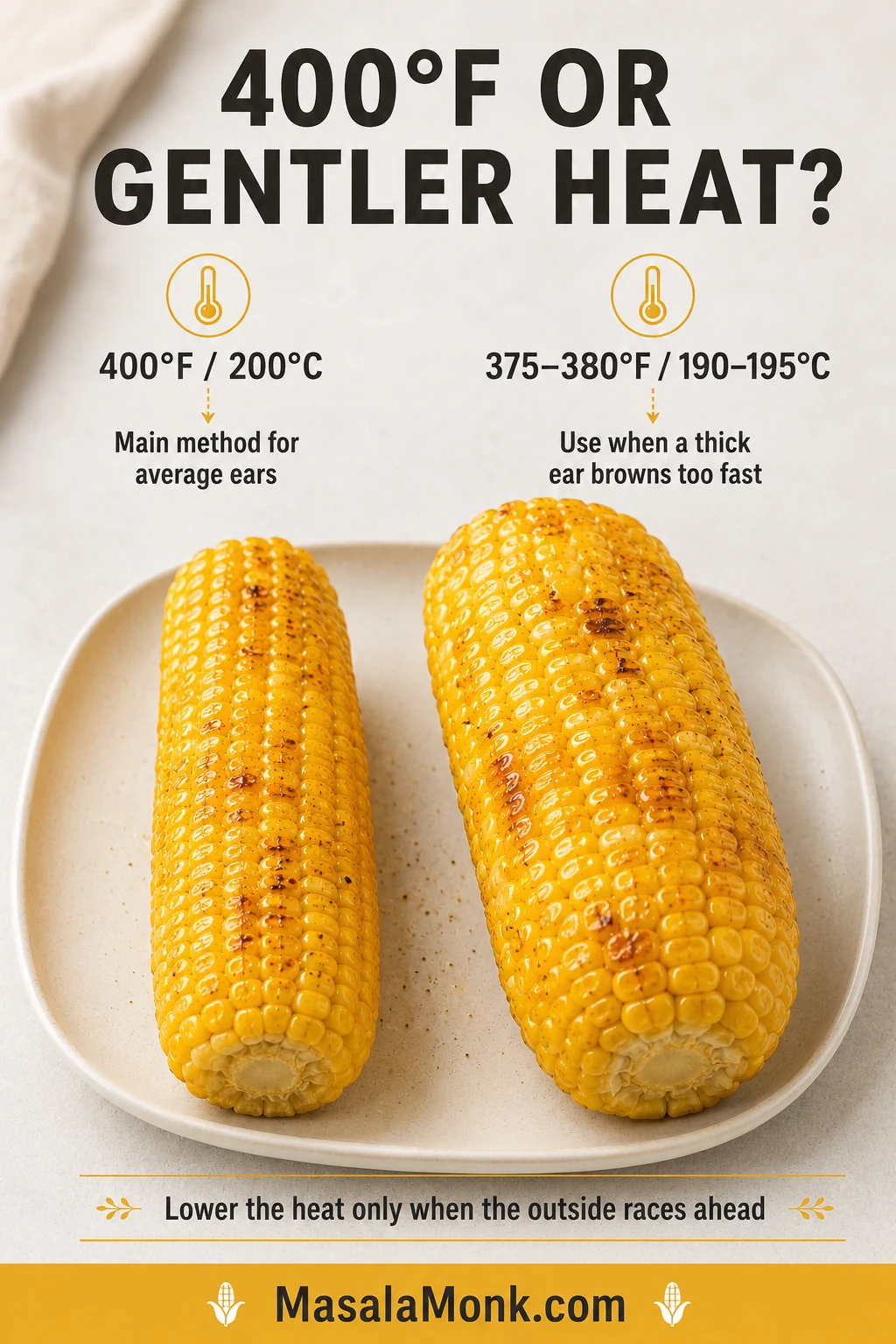 An average corn ear cooked at 400°F or 200°C beside a thicker ear cooked at 375–380°F or 190–195°C.