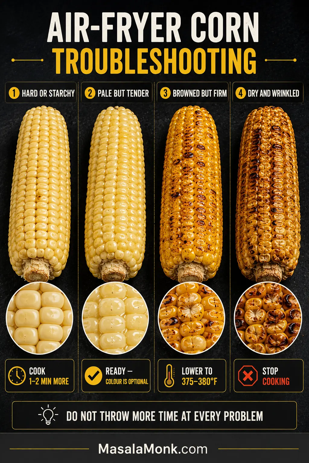 Four air-fryer corn results showing hard or starchy, pale but tender, browned but firm, and dry wrinkled kernels with corrective guidance.