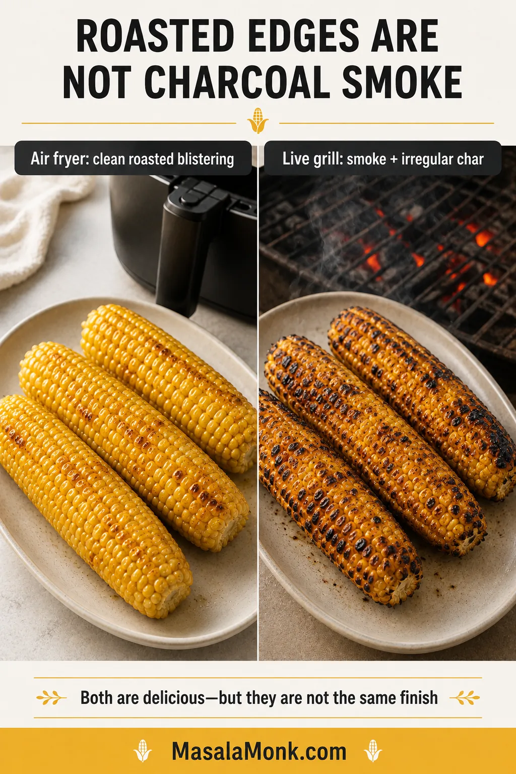 Air-fried corn with scattered browned patches compared with charcoal-grilled corn showing irregular char, smoke and glowing coals.