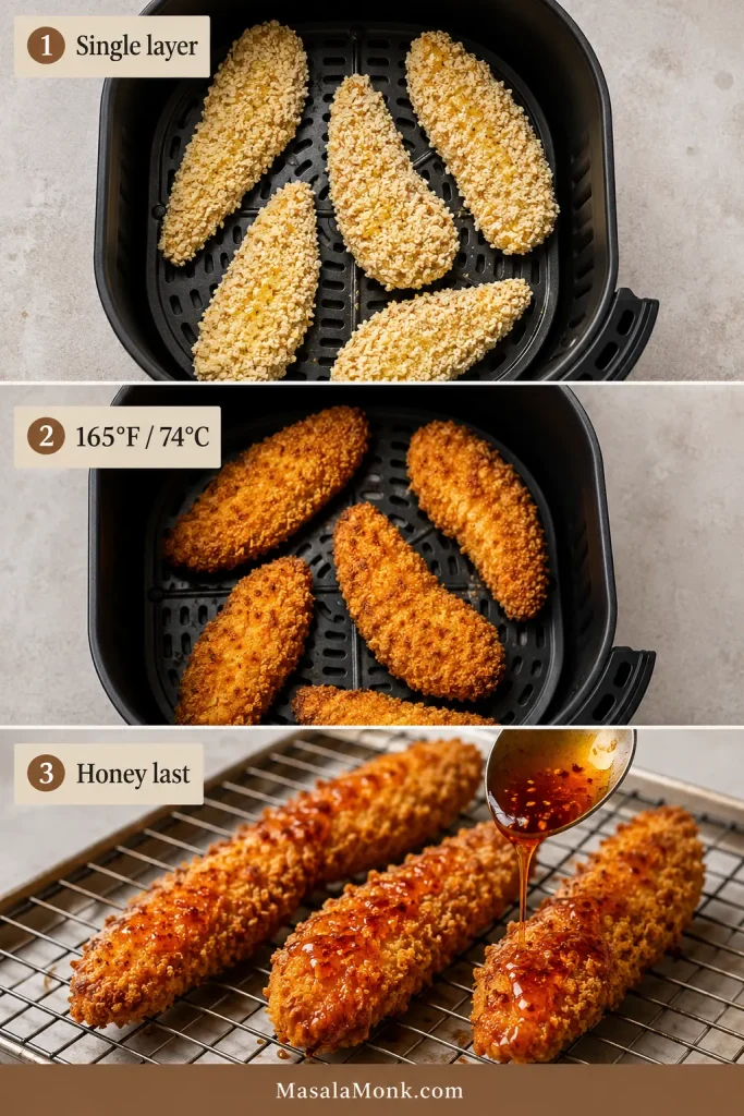 Three-stage air-fryer guide showing spaced panko chicken tenders, cooked tenders at 165°F, and hot honey added after cooking.