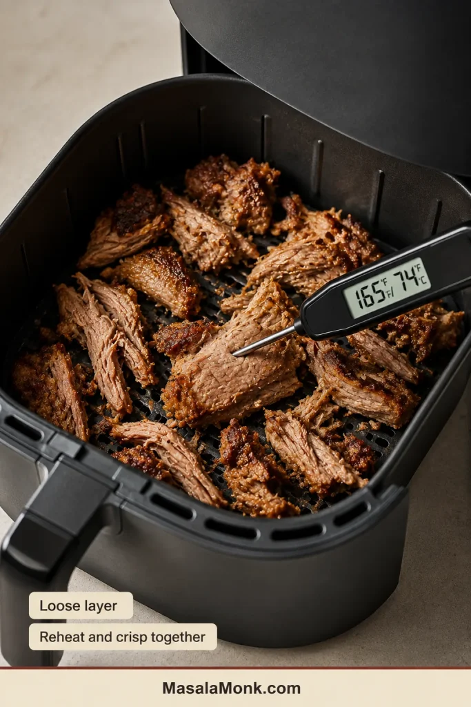 A loose portion of leftover carnitas crisps inside an air-fryer basket while an instant-read thermometer displays 165°F and 74°C.