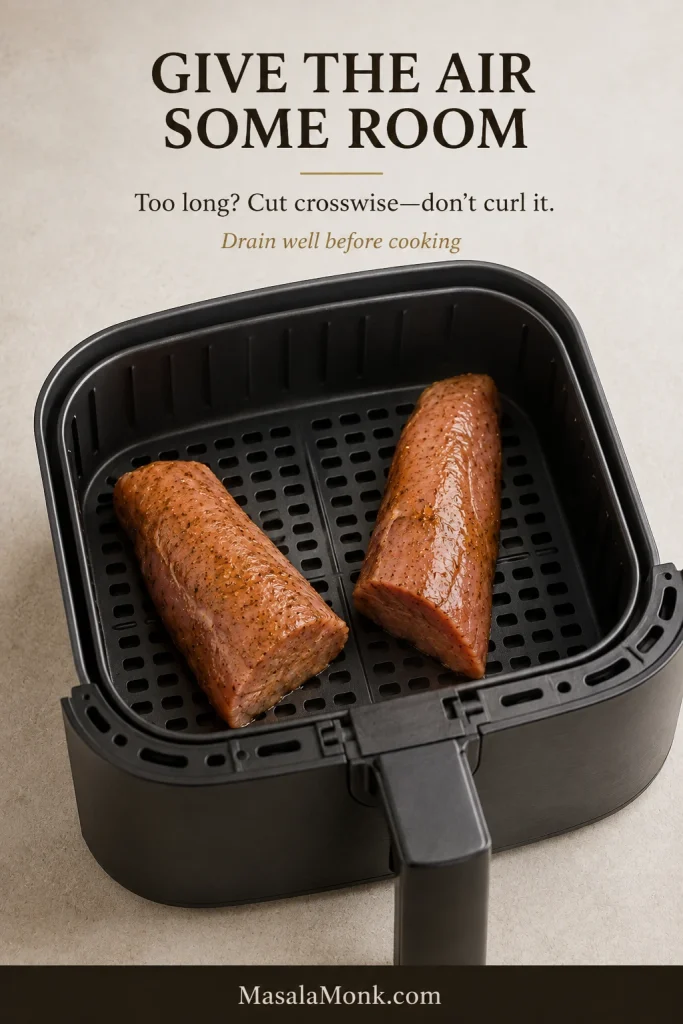 Raw marinated pork tenderloin cut into two straight pieces with open space around them in an air-fryer basket.