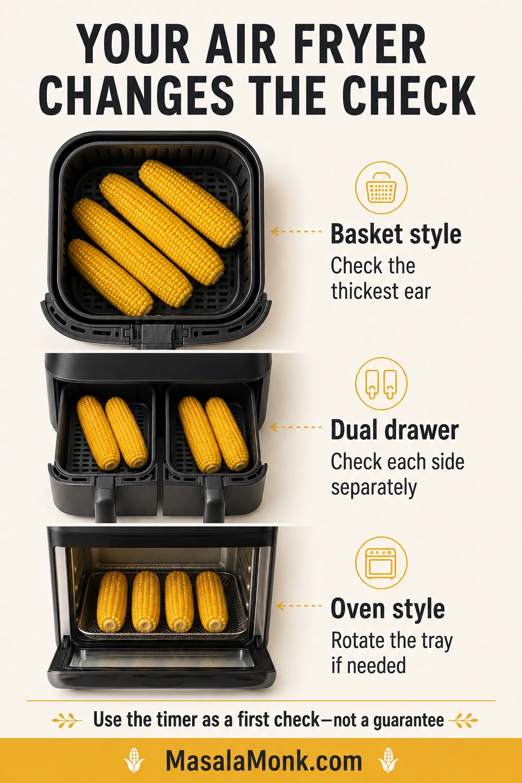 Corn arranged in a basket-style air fryer, a dual-drawer appliance and an oven-style air fryer with a tray.