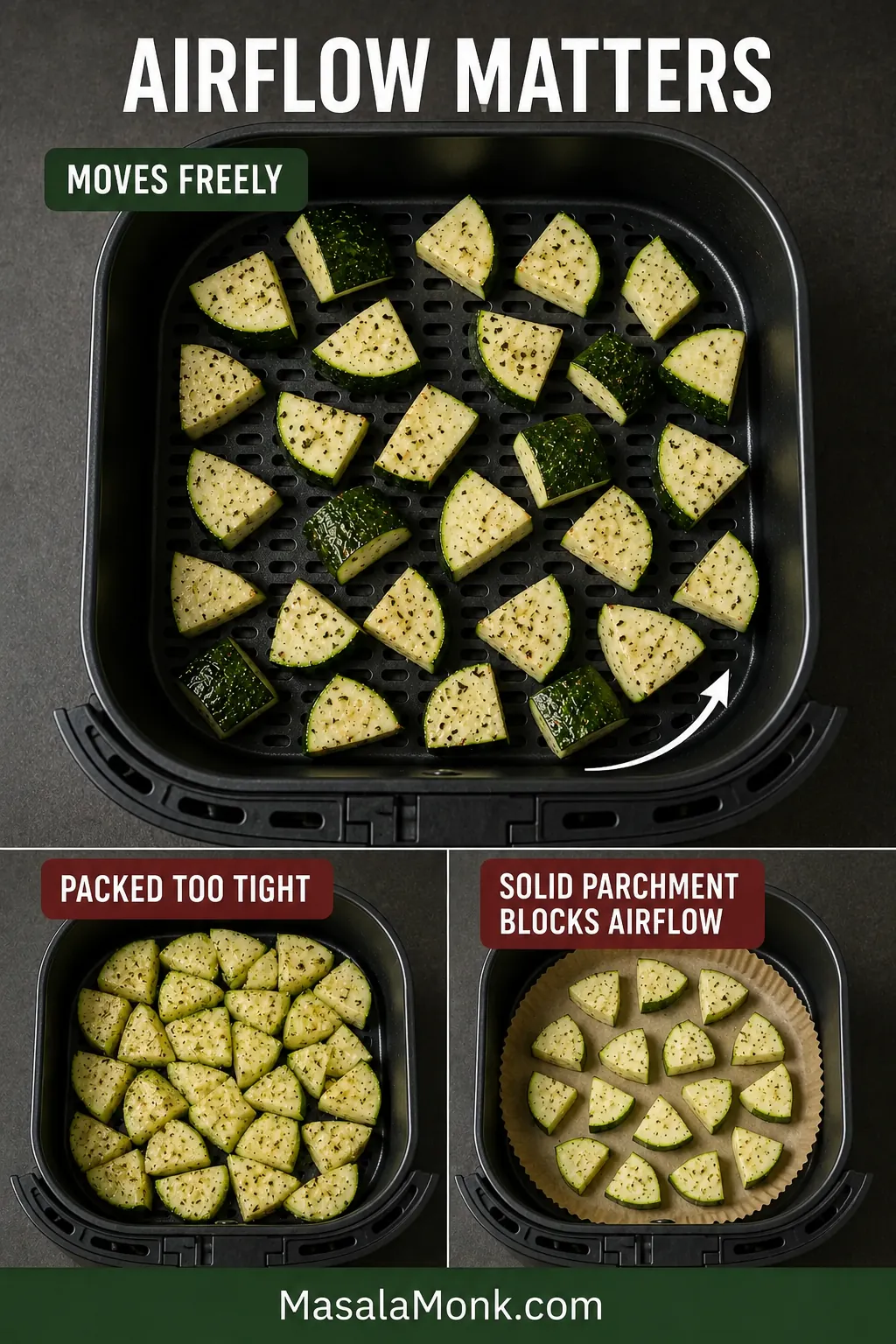 Guide comparing loosely arranged zucchini, an overcrowded air fryer basket and solid parchment covering the basket perforations.