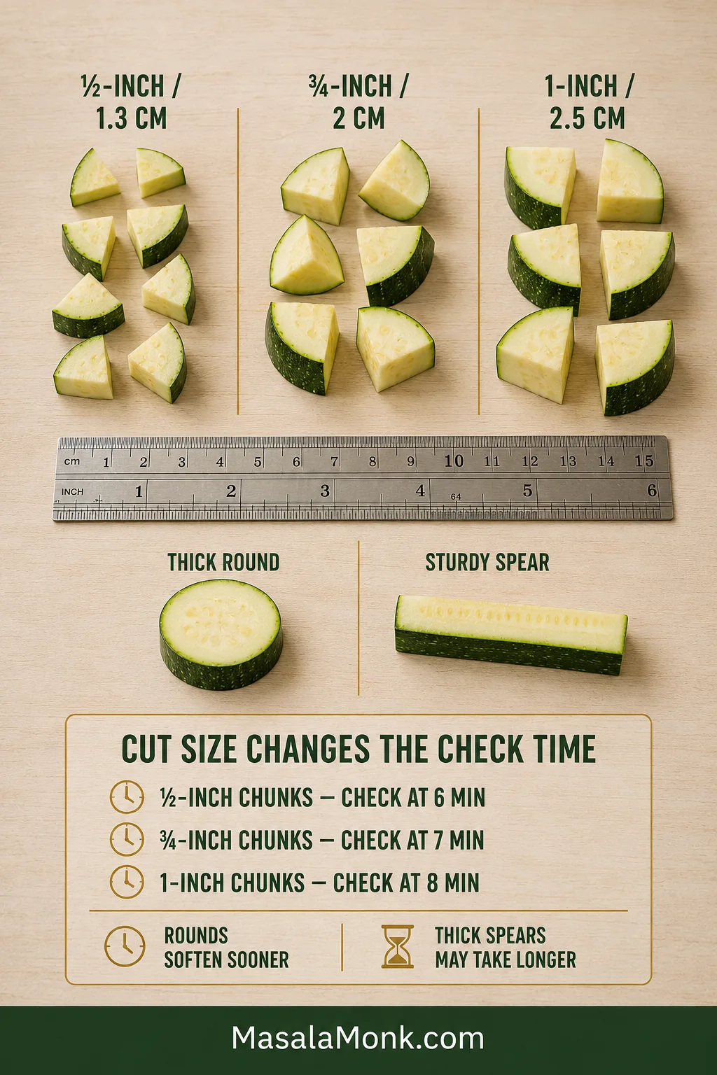 Guide comparing ½-inch, ¾-inch and 1-inch zucchini pieces beside a ruler, along with a thick round and a sturdy spear.