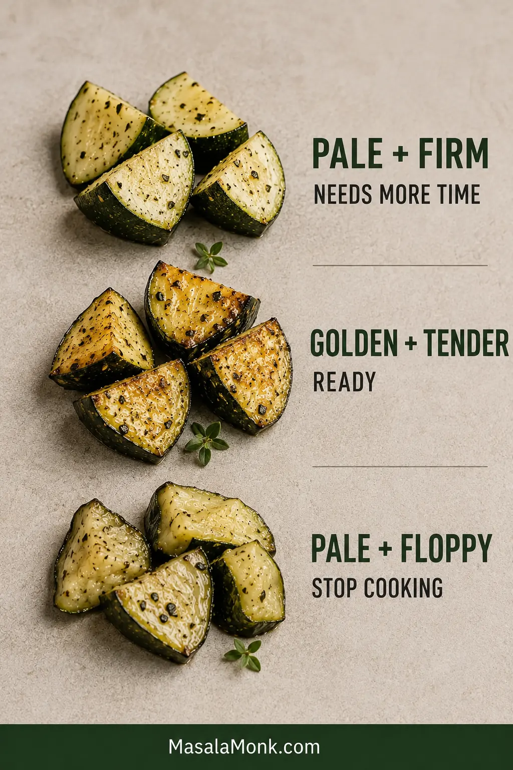 Three zucchini doneness states showing pale firm pieces, golden tender pieces and pale floppy pieces with a recommended action for each.