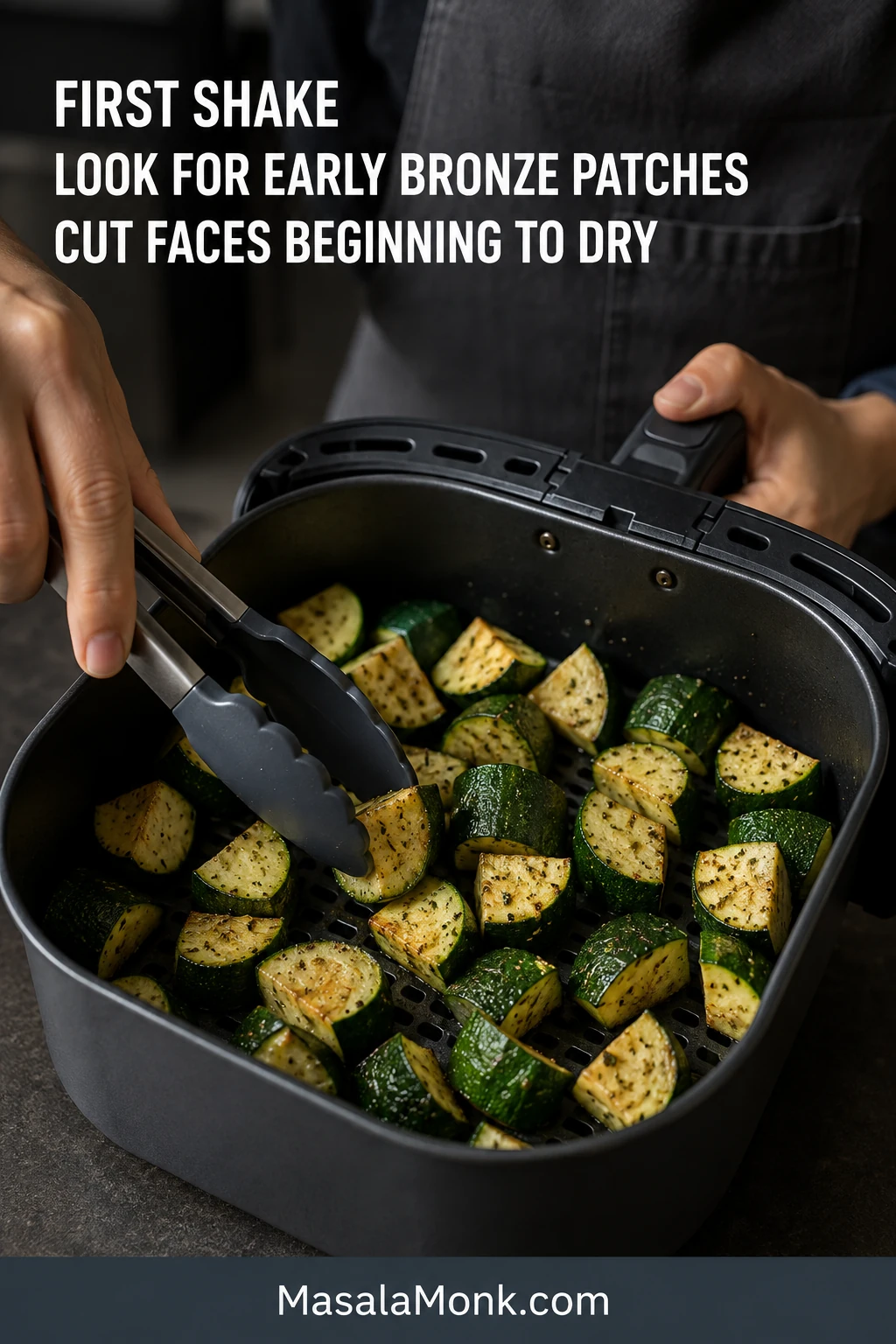 Cook turning partially cooked zucchini in an open air fryer basket, with early brown patches visible on several pieces.