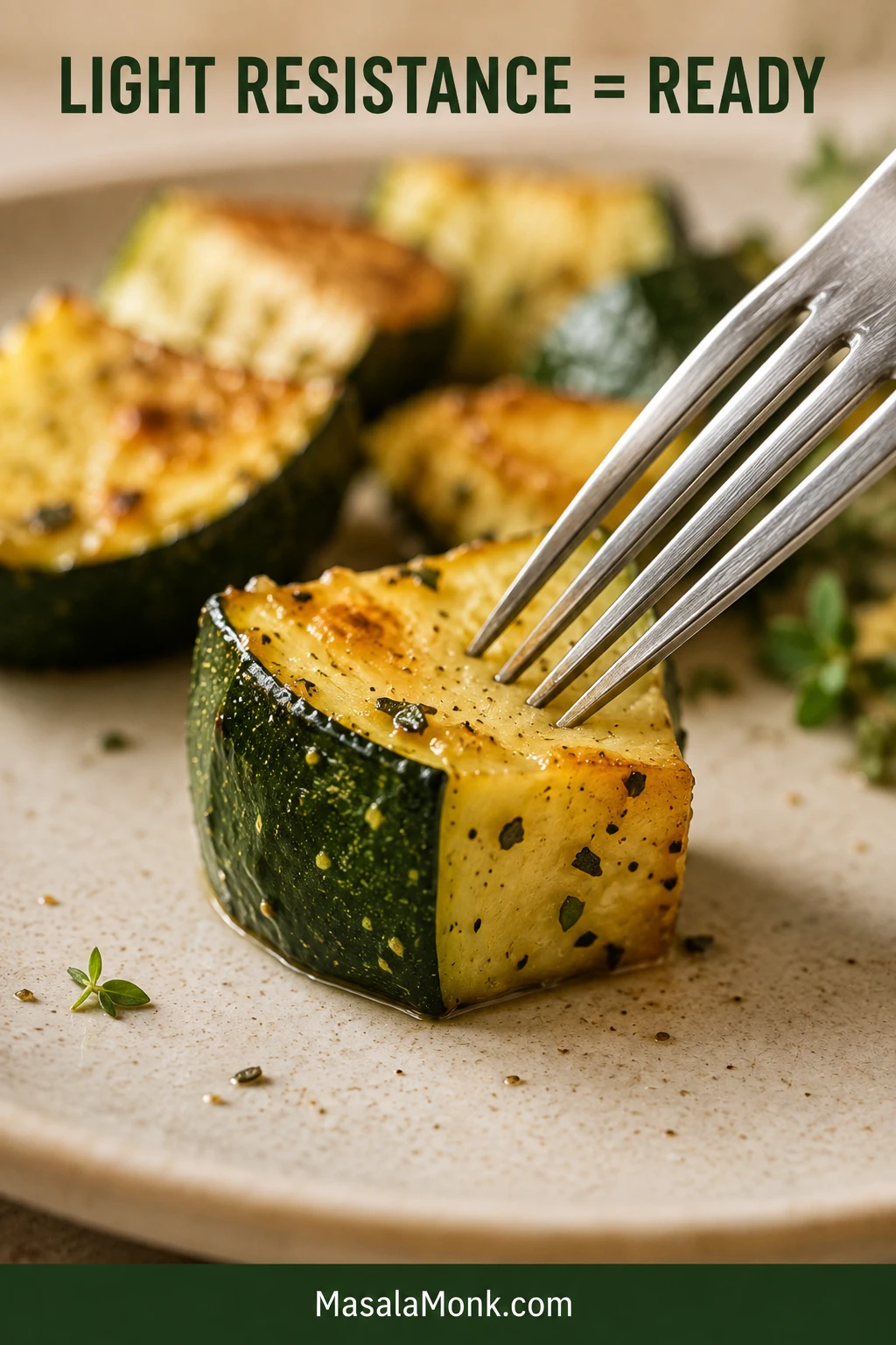 Dinner fork pressing gently into a browned zucchini chunk that remains upright on a neutral plate.