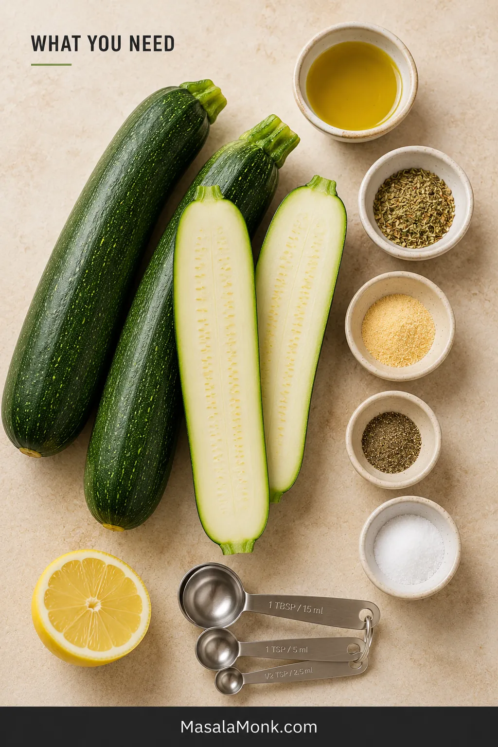 Overhead arrangement of zucchini, oil, Italian seasoning, garlic powder, black pepper, salt, lemon and measuring spoons on a warm cream surface.