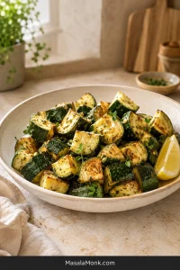 Ivory bowl filled with browned zucchini chunks with intact green skin, scattered herbs and a lemon wedge on a pale stone surface.