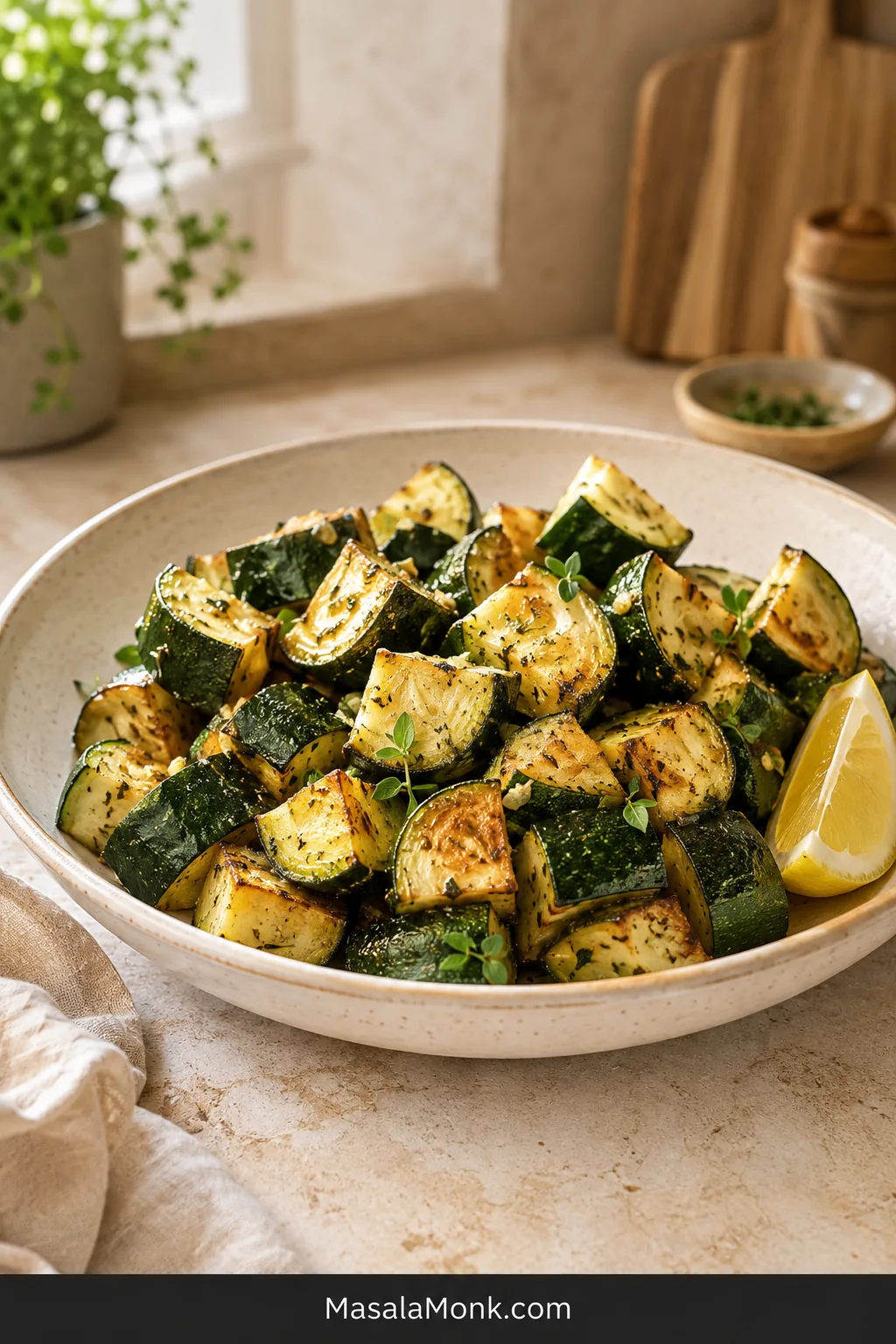 Ivory bowl filled with browned zucchini chunks with intact green skin, scattered herbs and a lemon wedge on a pale stone surface.