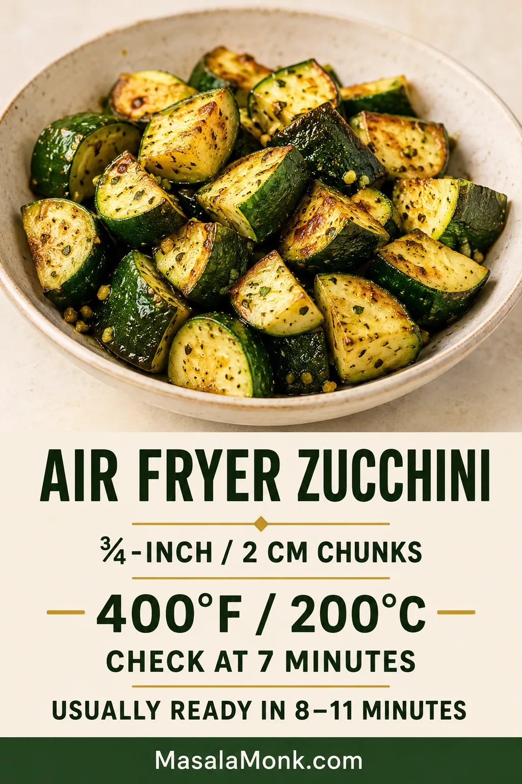Vertical timing guide showing ¾-inch zucchini pieces, a temperature of 400°F, a first check at 7 minutes and an expected cooking range of 8–11 minutes.