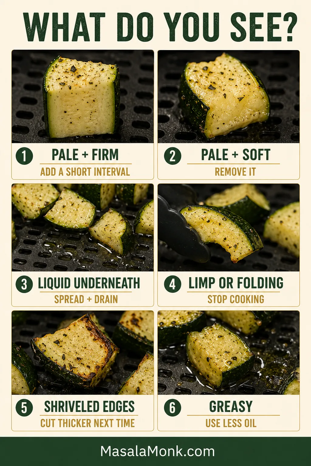 Six-part troubleshooting guide comparing pale, soft, watery, limp, shriveled and greasy air fryer zucchini.