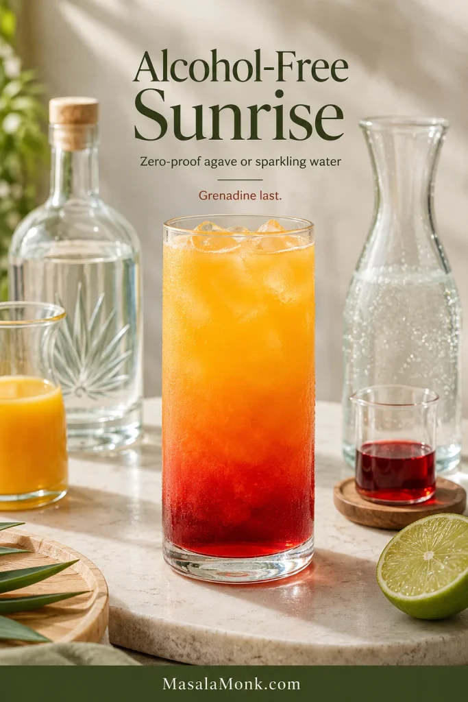 Alcohol-Free Sunrise beside zero-proof agave spirit, sparkling water, orange juice, grenadine and lime, showing two alternative nonalcoholic approaches.