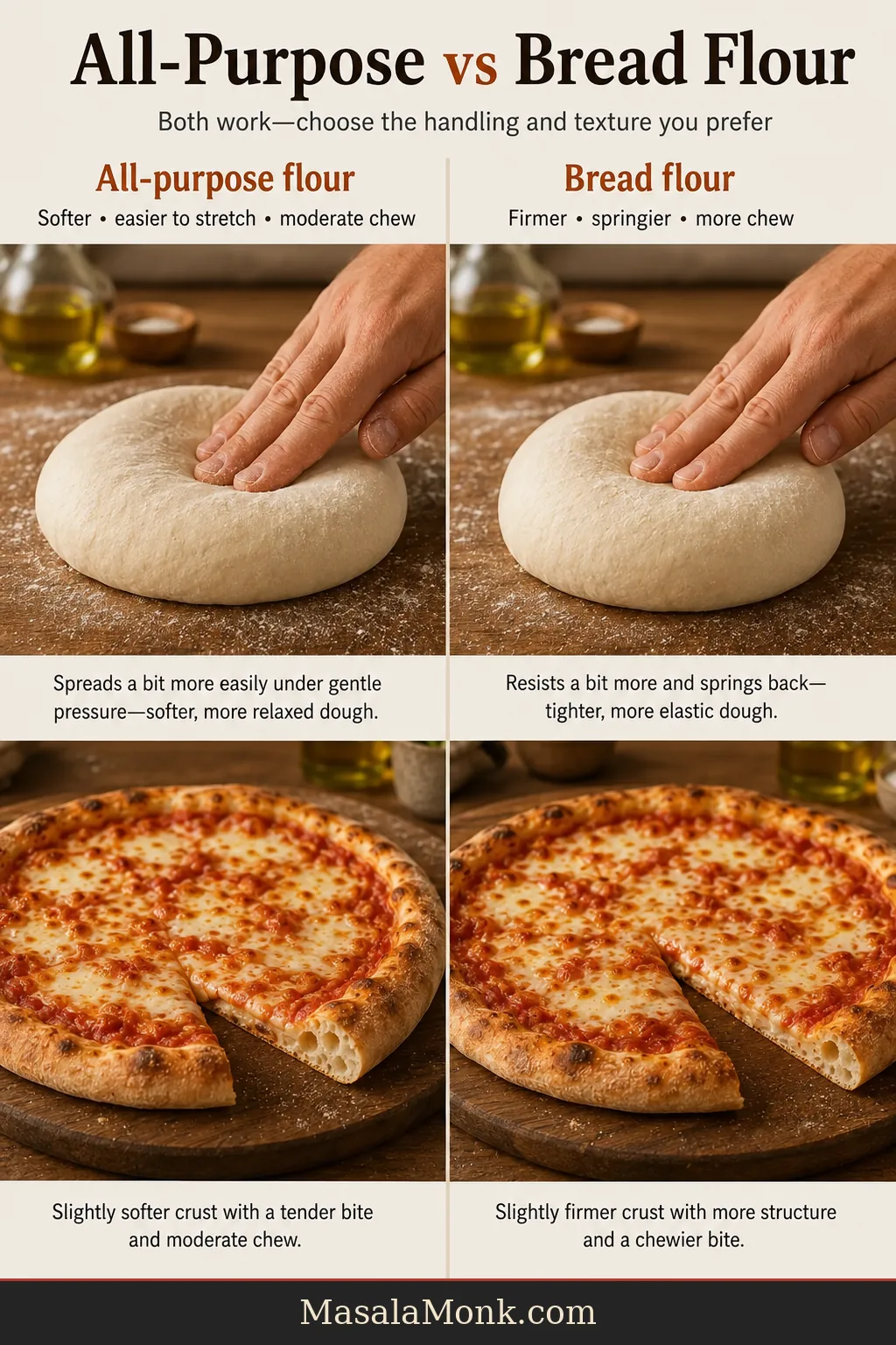 All-purpose and bread-flour pizza dough compared side by side, showing softer spreading dough and firmer structured dough.