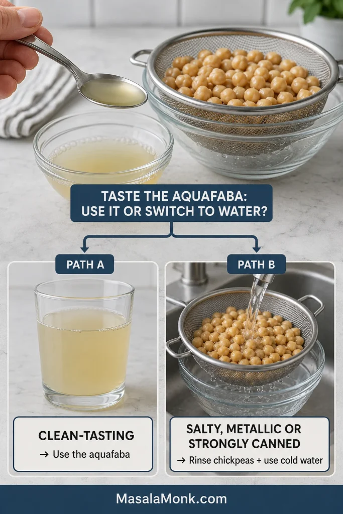 Guide showing reserved chickpea liquid being tasted before choosing aquafaba or rinsing the chickpeas and using cold water.