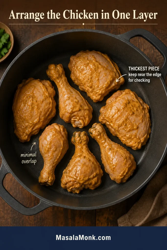 Raw marinated chicken thighs and drumsticks arranged in one layer, with the thickest thigh positioned near the pot edge.