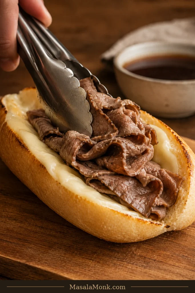 Tongs placing thin folded roast beef along a toasted roll already lined with melted pale provolone.