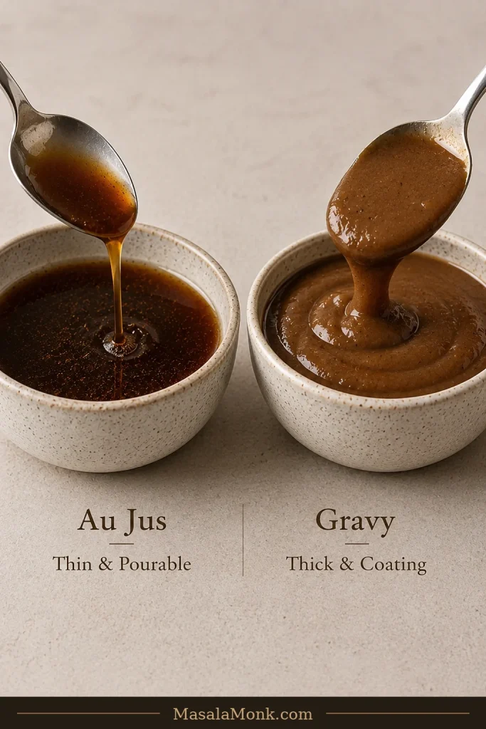 Two bowls comparing thin translucent brown au jus running freely from a spoon with thicker opaque gravy clinging to another spoon.