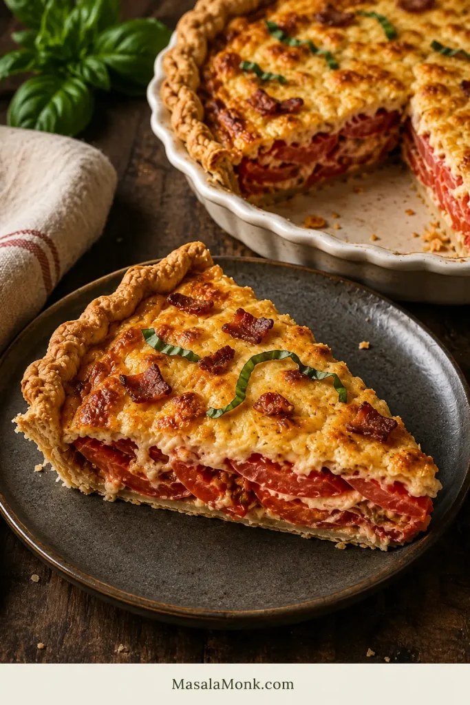 Southern tomato pie wedge with red tomato layers, creamy browned topping, flaky crust, basil, and a restrained amount of small crisp bacon pieces.