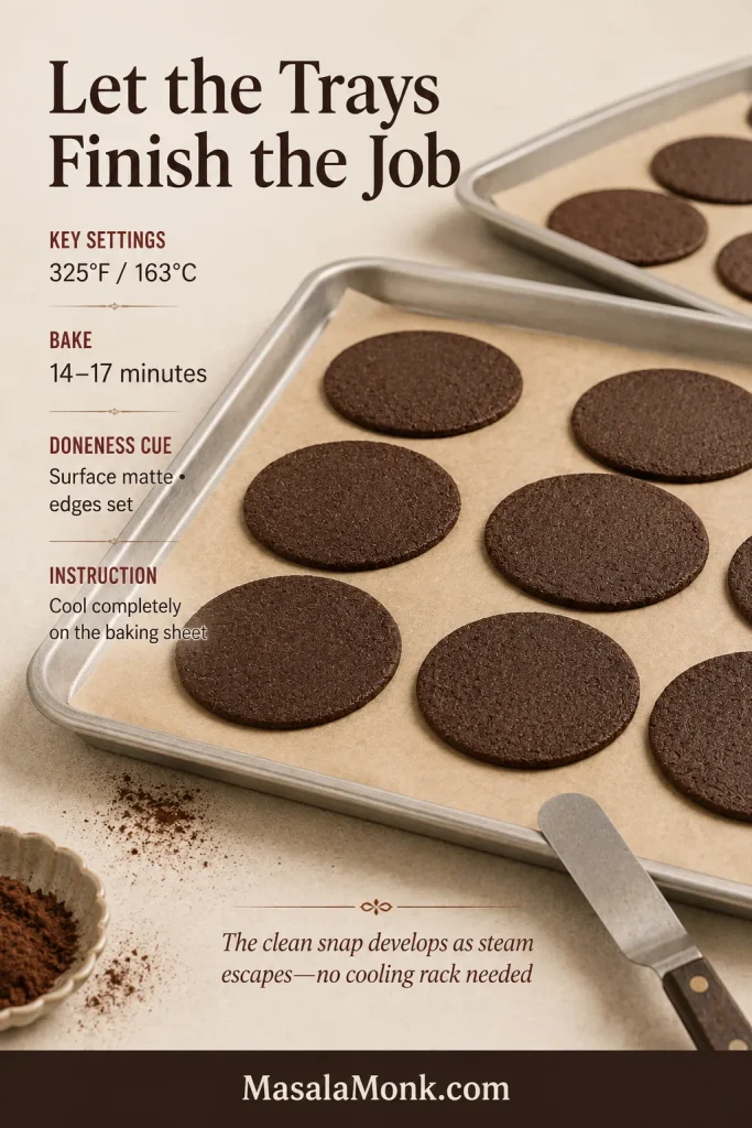 Thin round chocolate wafers cooling on parchment-lined metal baking trays beside an offset spatula.